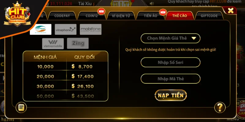 Nạp tiền Hitclub bằng thẻ cào an toàn, chuẩn xác